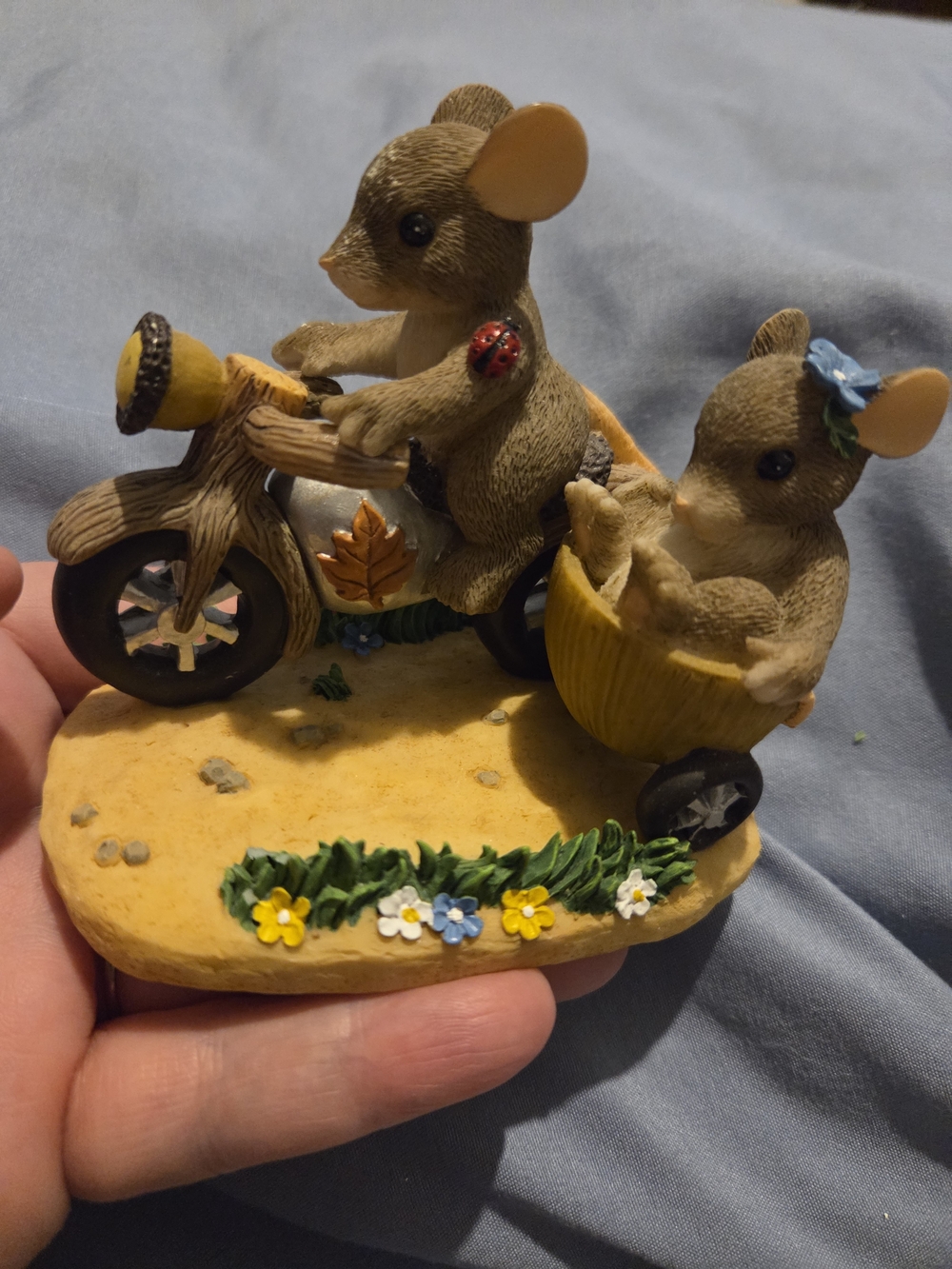 Fitz and Floyd Brown Mice on Yellow Bicycle with Floral Accents